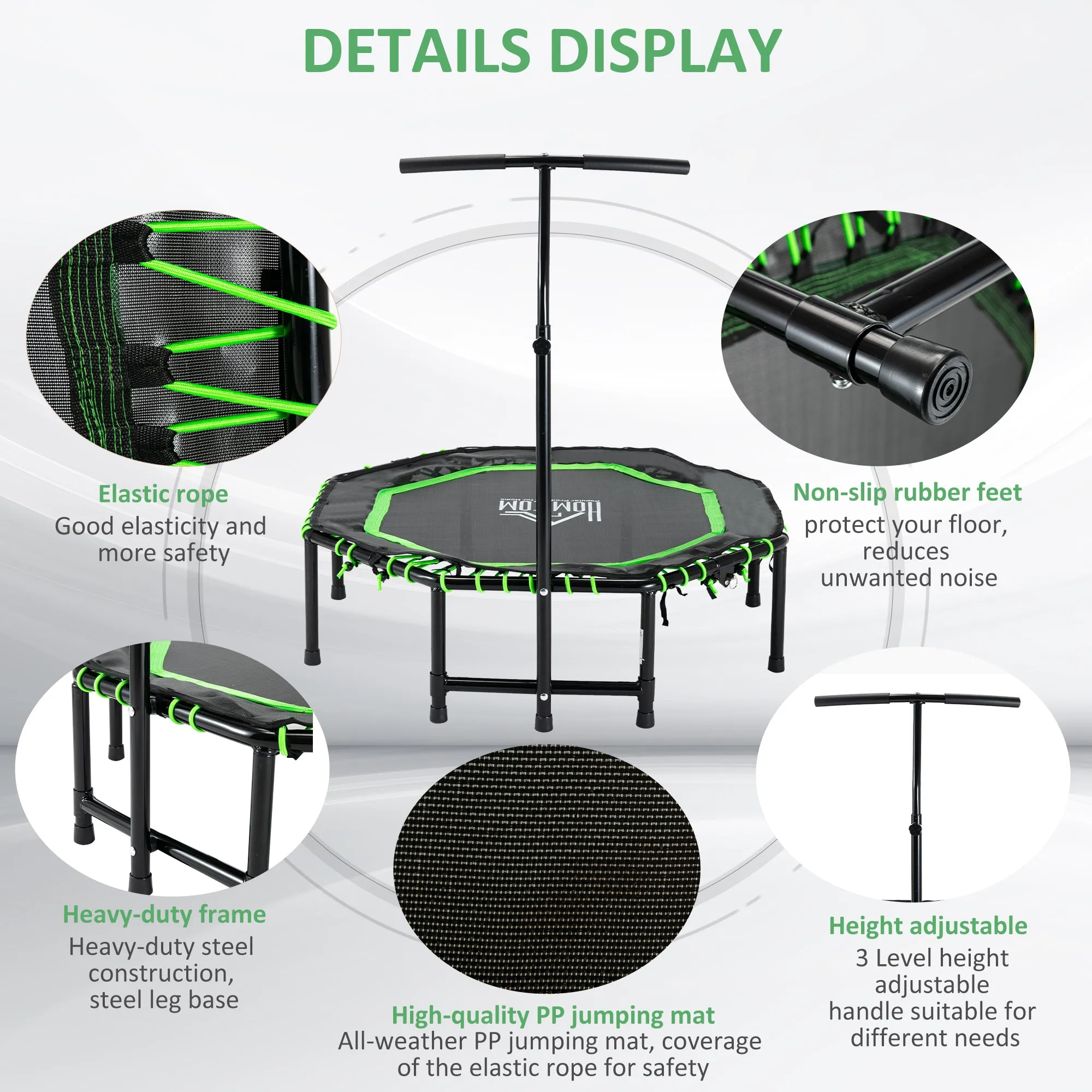 48" Octagonal Mini Fitness Rebounder Trampoline Indoor Outdoor Foldable Mini Jumper with Adjustable Handle, Green