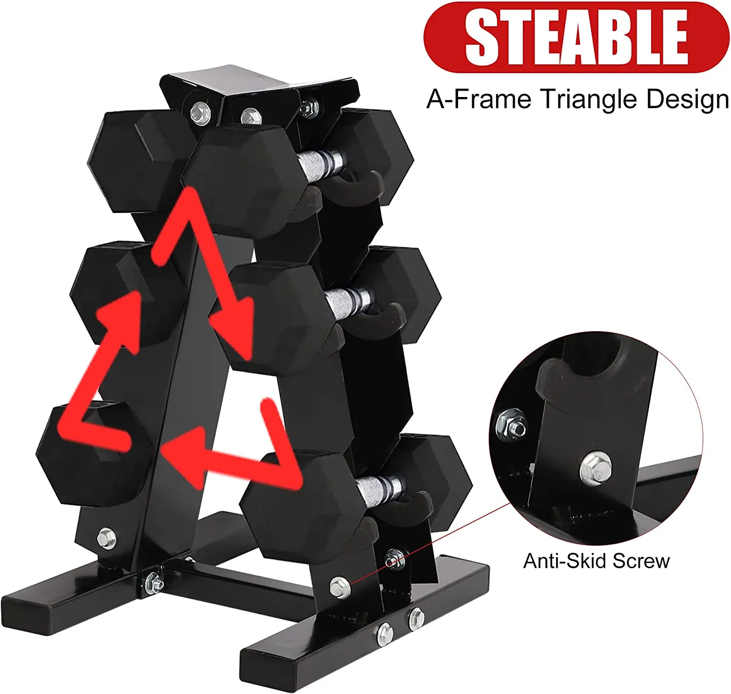 A-Frame Dumbbell Rack Stand Compact 3 Tier Free Weight Steel Dumbbell Storage Bracket for Home Gym (Black)