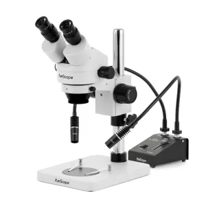 AmScope SM-1 Series Inspection and Dissecting Zoom Binocular Stereo Microscope with 6W Dual-Gooseneck LED Illuminator on Compact Pillar Stand