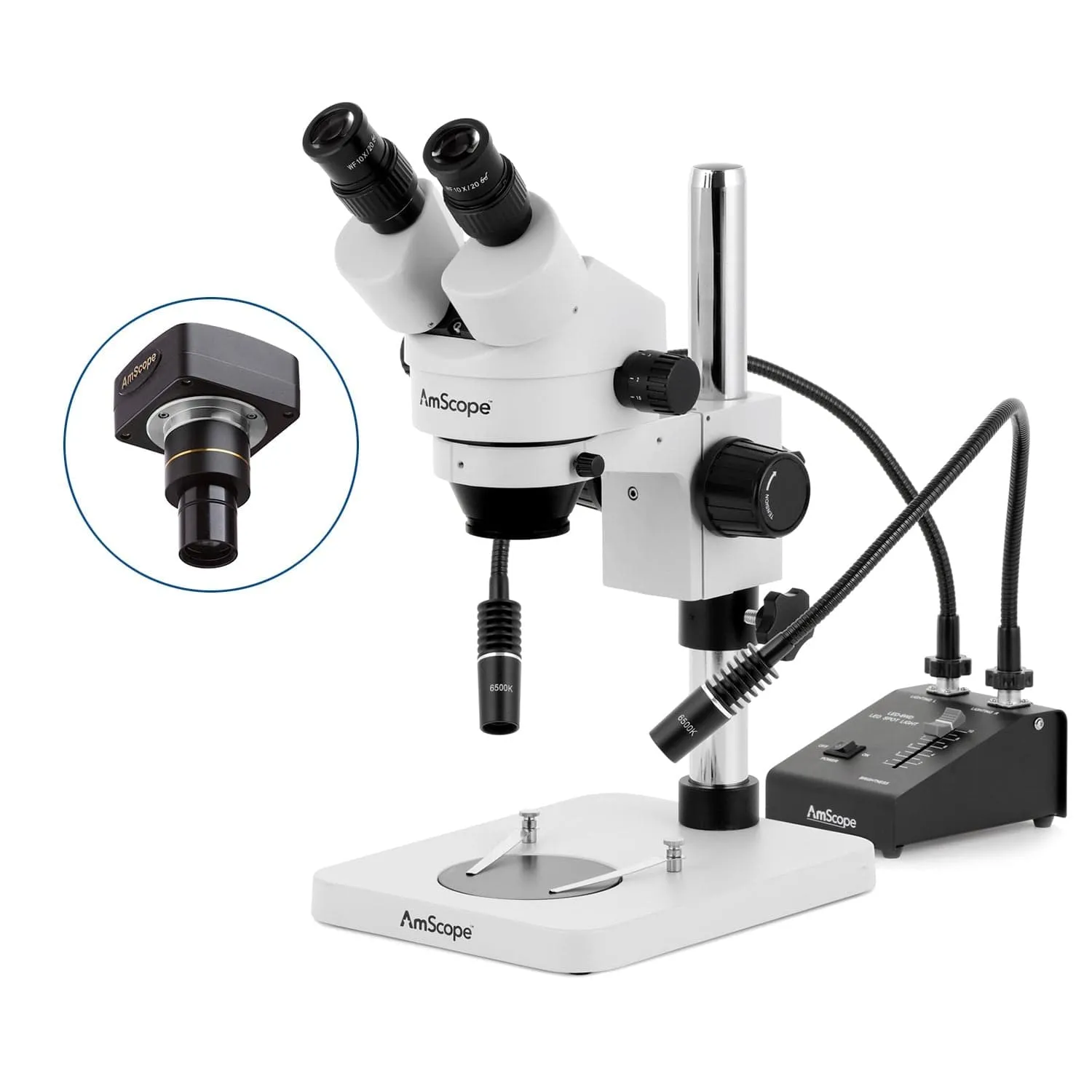 AmScope SM-1 Series Inspection and Dissecting Zoom Binocular Stereo Microscope with 6W Dual-Gooseneck LED Illuminator on Compact Pillar Stand