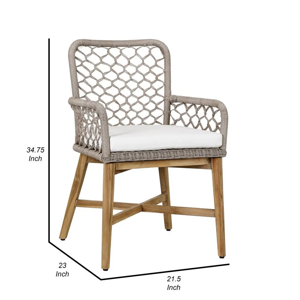 Aok 23 Inch Teak Outdoor Dining Chair, Gray Woven Rope, Curved Back, Brown By Casagear Home