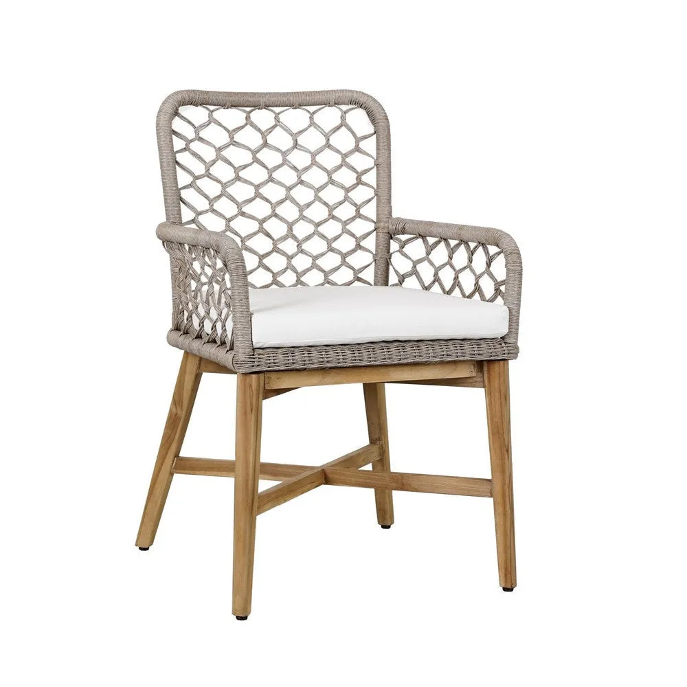 Aok 23 Inch Teak Outdoor Dining Chair, Gray Woven Rope, Curved Back, Brown By Casagear Home