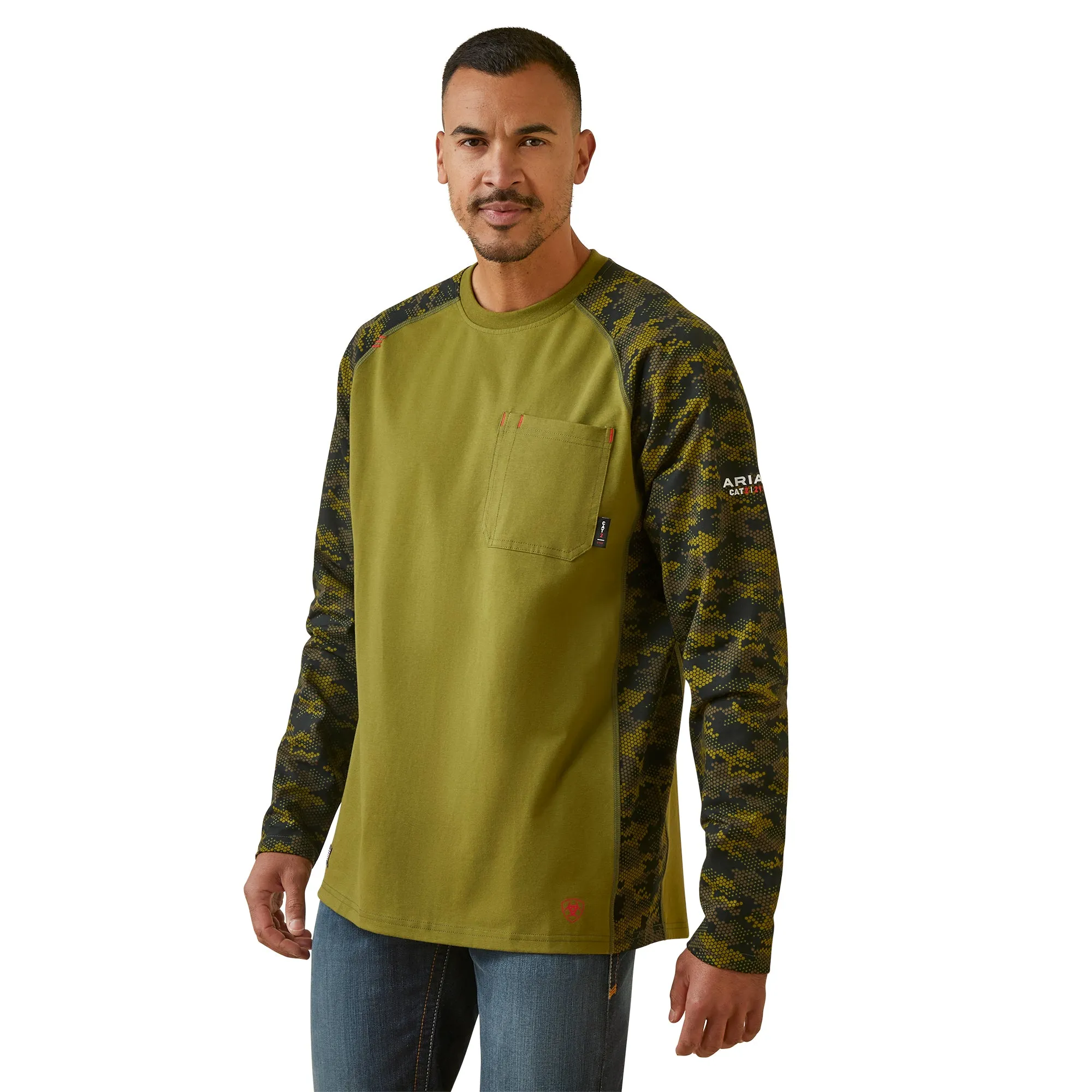 Ariat Men's FR Stretch Camo Avocado Green Baseball T-Shirt 10046112