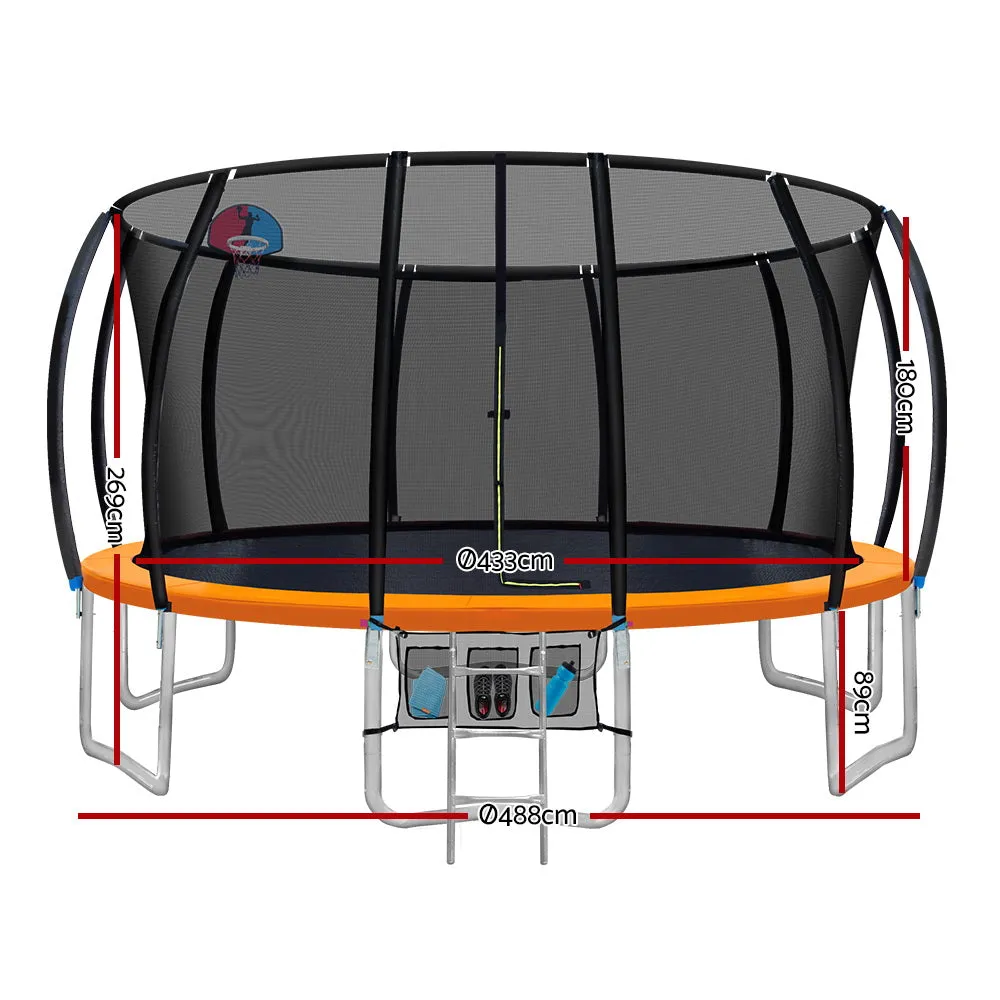 Everfit 16FT Trampoline Round Trampolines With Basketball Hoop Kids Present Gift Enclosure Safety Net Pad Outdoor Orange