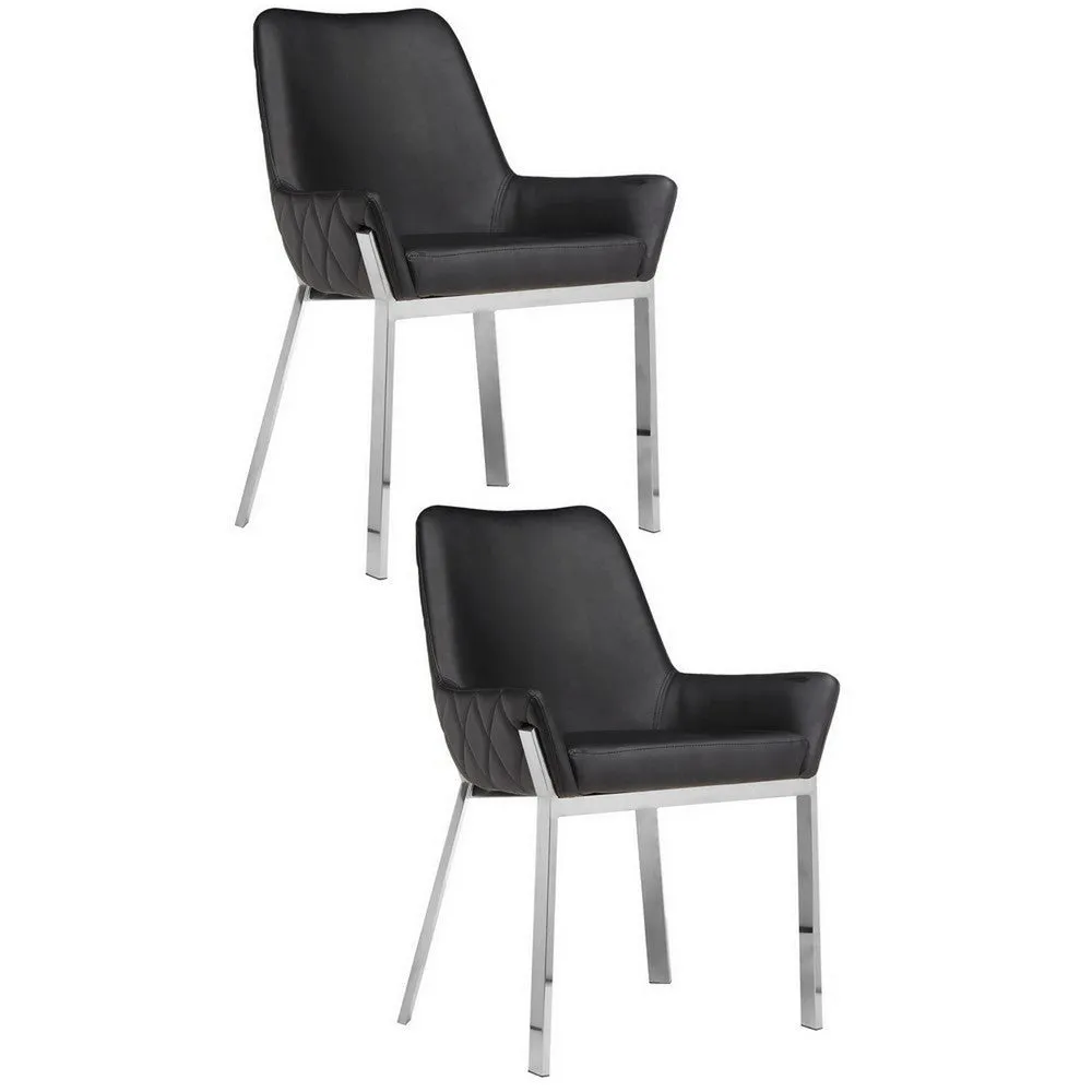 Fuma 23 Inch Set of 2 Dining Chairs, Foam Fill, Black Faux Leather, Silver By Casagear Home