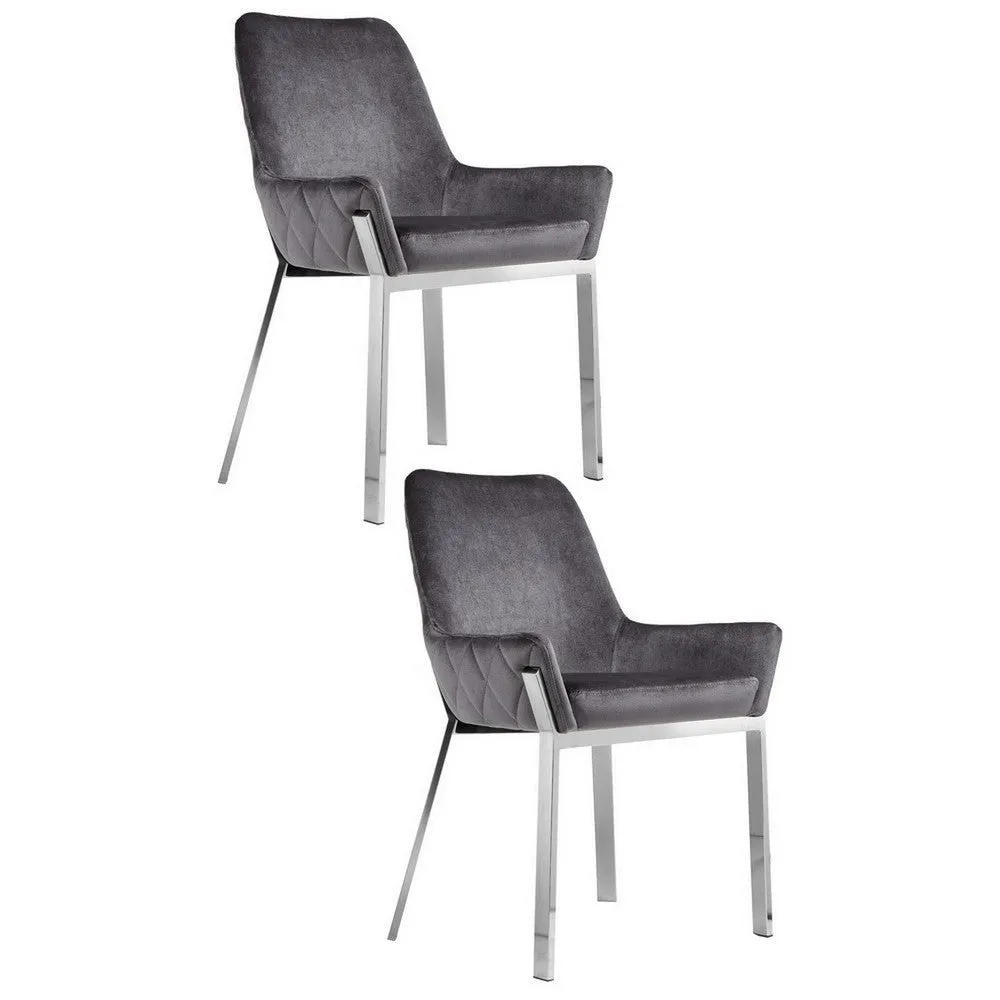 Fuma 23 Inch Set of 2 Dining Chairs, Foam Fill, Modern Gray Velvet, Silver By Casagear Home