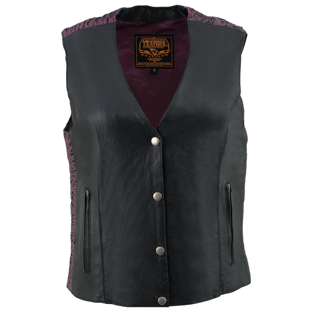 Milwaukee Leather MLL4570 Women's Studded Phoenix Black/Purple Leather Motorcycle Vest w/ Embroidery Art