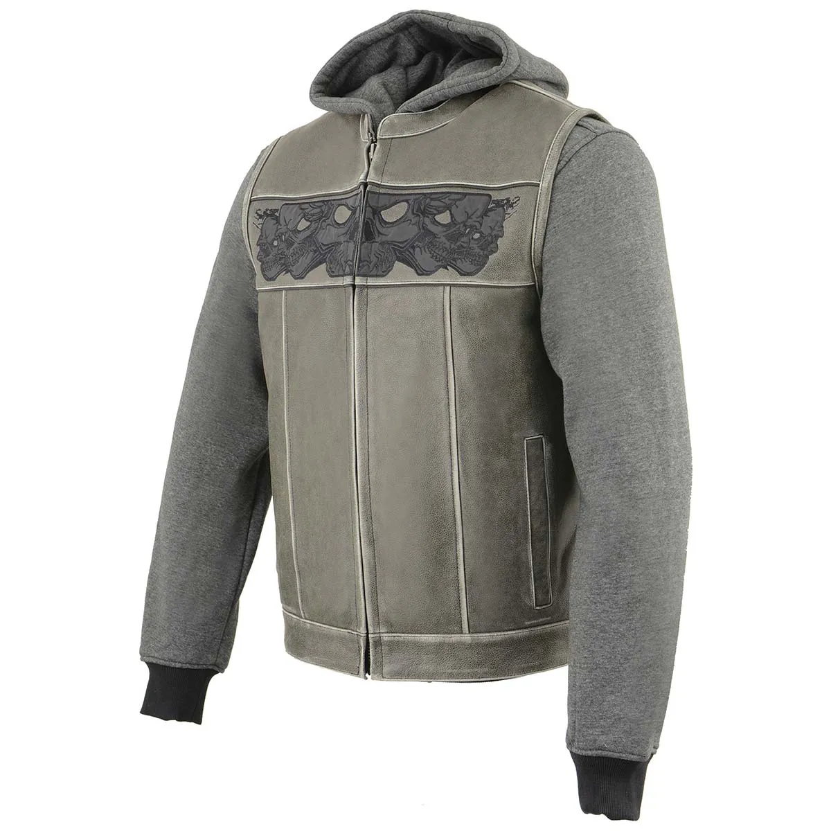 Milwaukee Leather MLM3562 Men's Leather Vest w/ Removeable Hoodie - Distress Grey Reflective Skulls Motorcycle Vest