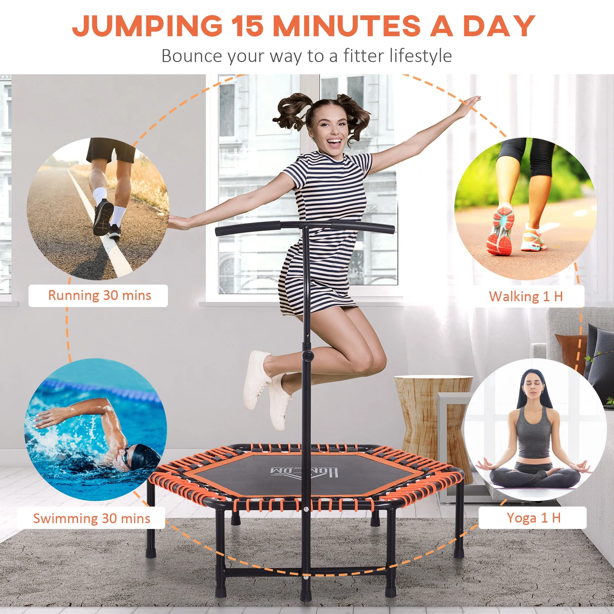 Mini Trampoline Hexagon Exercise Bungee Rebounder Jumper w/ Adjustable Handle Bar