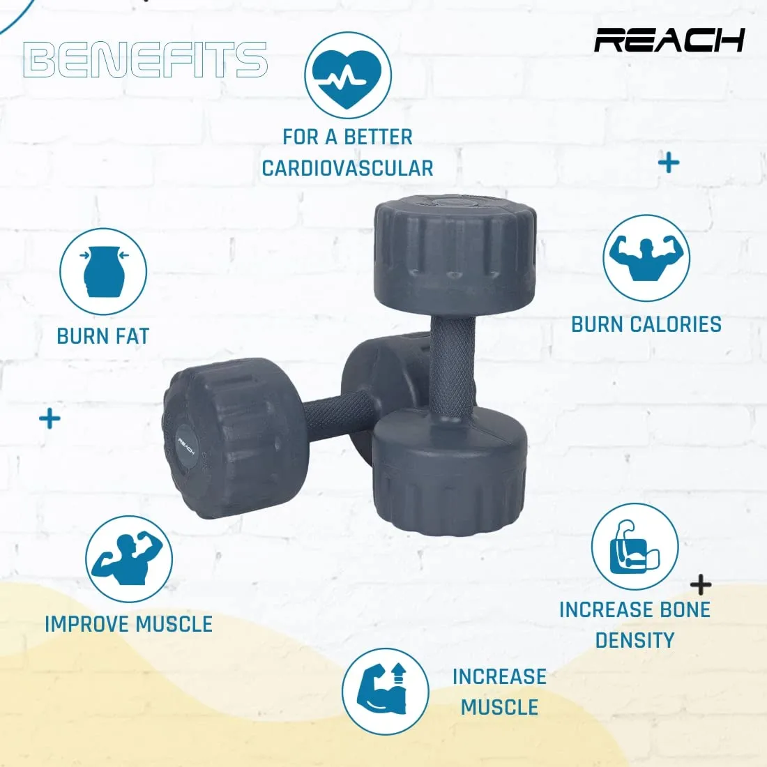 Reach PVC Dumbbell Set Weights| Pack of 2 For Strength Training Home Gym Fitness & Full Body Workout | Easy Grip & Anti- slip Dumbbell for Weight loss (1kg, Grey)