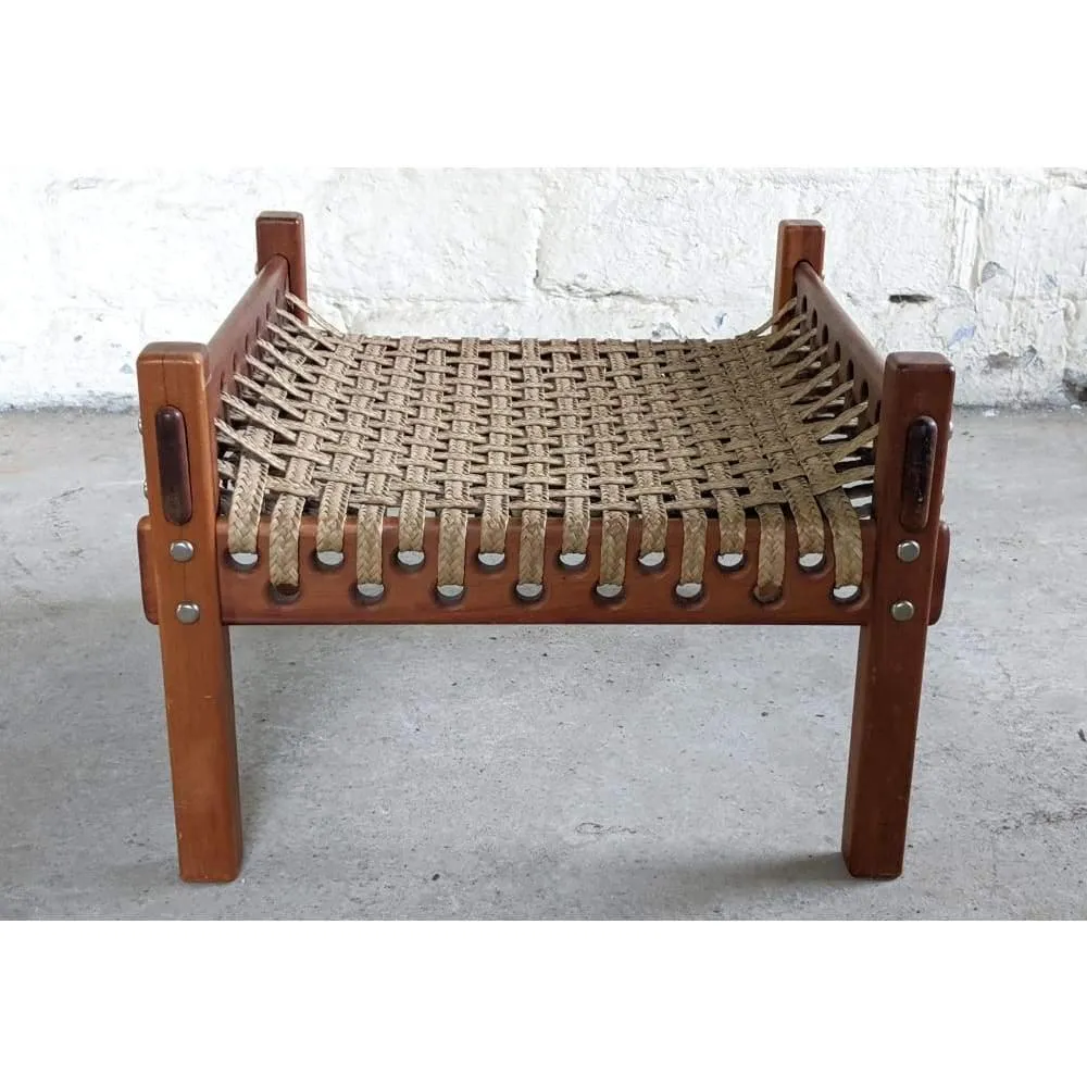 Safari Foot Stool / Ottoman, Mid Century teak frame with and leather braided / woven / rope