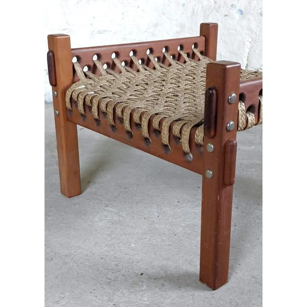 Safari Foot Stool / Ottoman, Mid Century teak frame with and leather braided / woven / rope