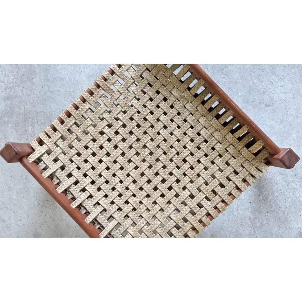 Safari Foot Stool / Ottoman, Mid Century teak frame with and leather braided / woven / rope