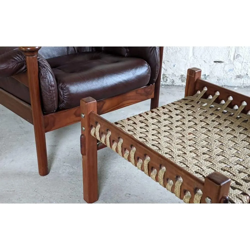 Safari Foot Stool / Ottoman, Mid Century teak frame with and leather braided / woven / rope