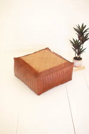 Square Pouf with Leather and Woven Cane