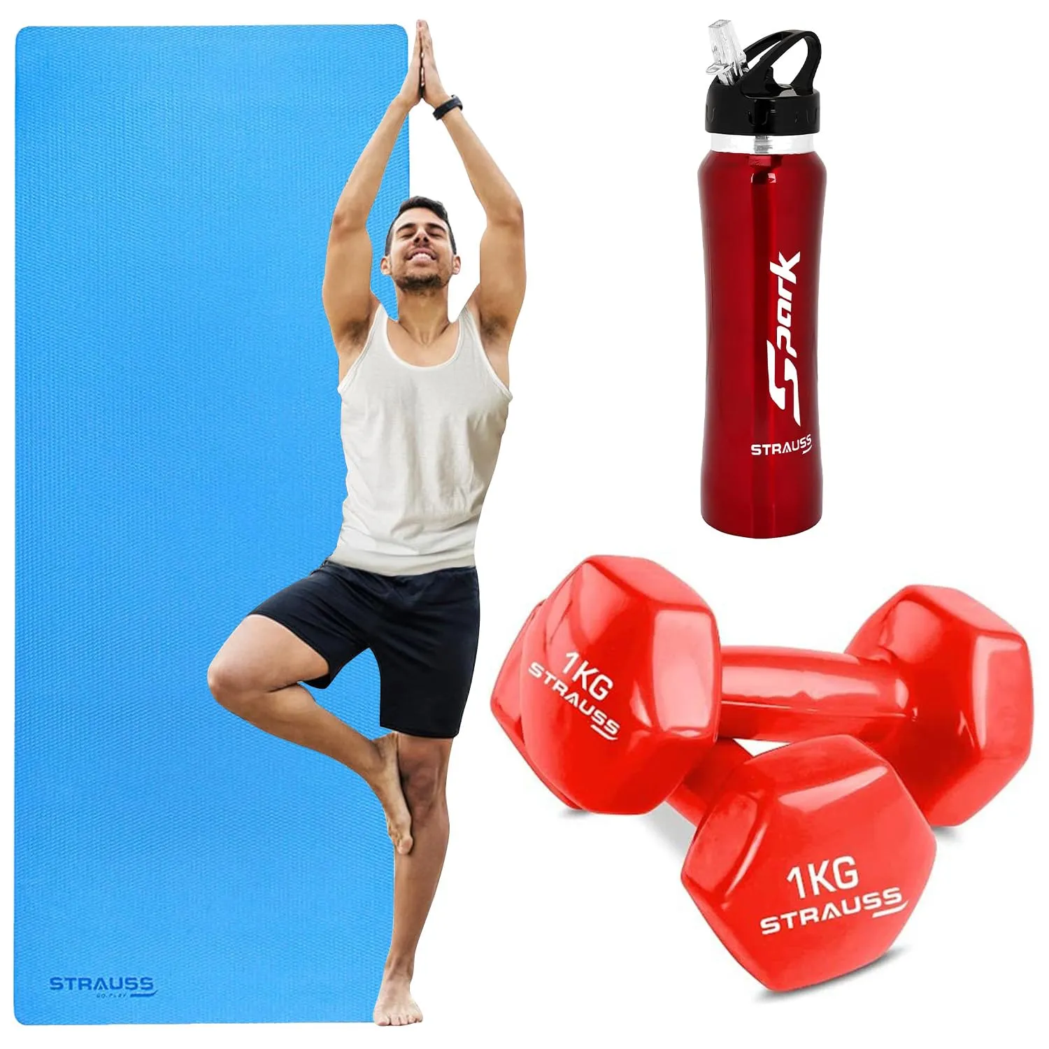 STRAUSS Yoga Combo Kit| 6mm Sky Blue EVA Yoga Mat| Stainless Steel Red Bottle| 2 Red Vinyl Dumbbells, Ideal for Yoga & Training