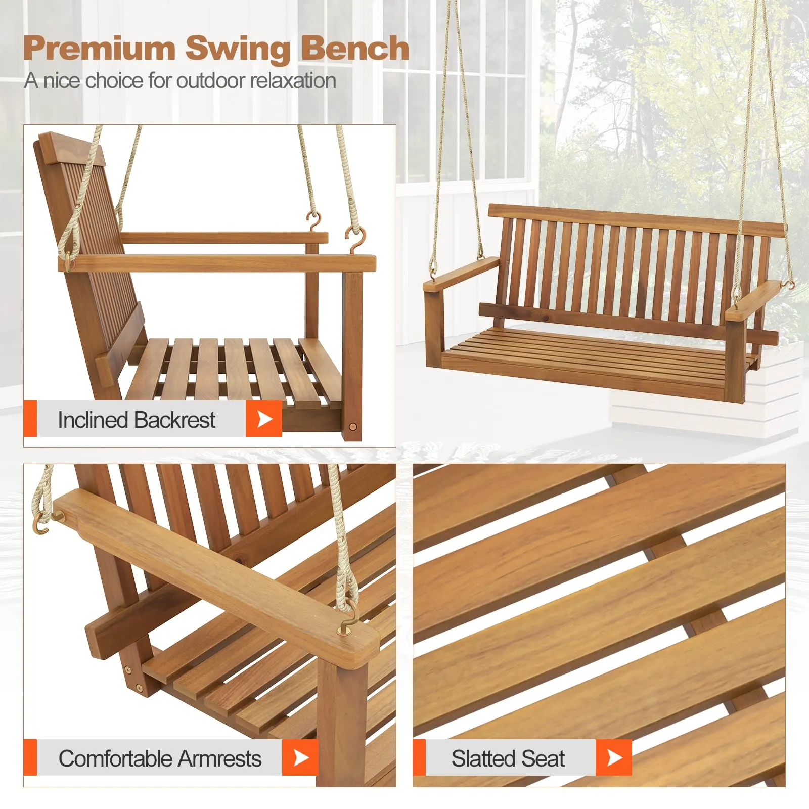 Tangkula 2 Person Hanging Porch Swing, Wooden Patio Swing