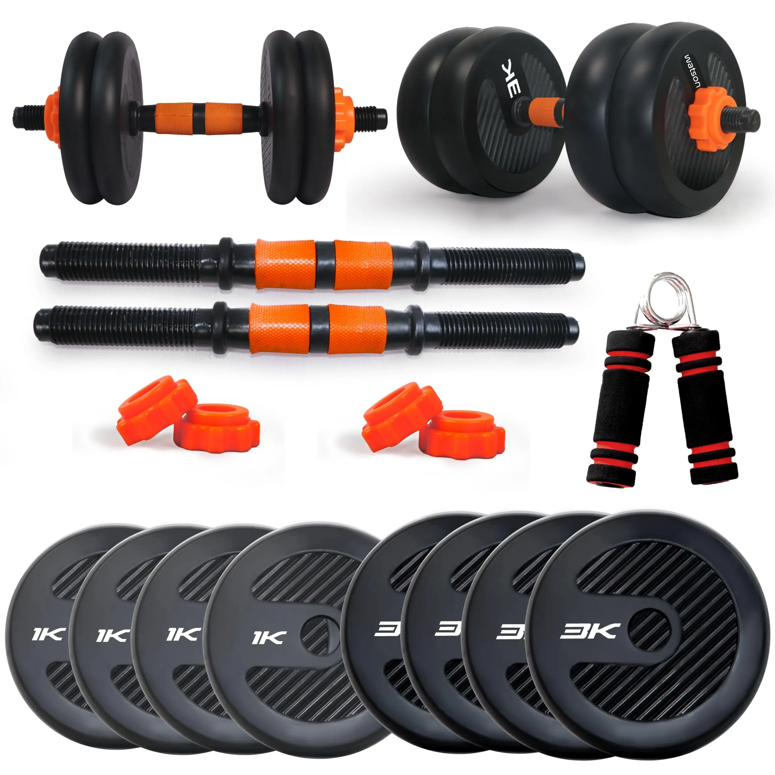 WATSON Premium Rubber Dumbbell Set For Men & Women Fitness, Dumbbell Set With 16Kg (1Kgx4, 3Kgx4) Rubber Weight Plates, Hard PVC 14" Dumbbell Rods, Foam Gripper