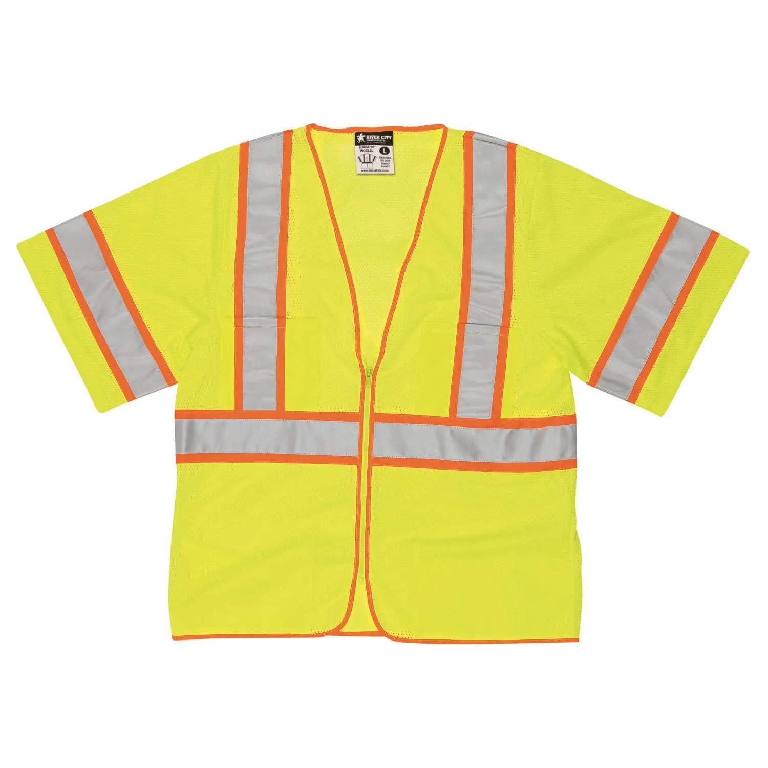 WCCL3LX2 MCR Class 3,Poly,Mesh Safety Vest,4 1/2" Yellow/Silver Stripe,Orange